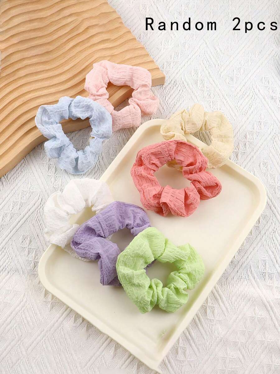 2入組女孩髮飾：糖果色系髮圈和泡芙格子皺褶髮圈（隨機顏色） - 彩色 - 查看 1