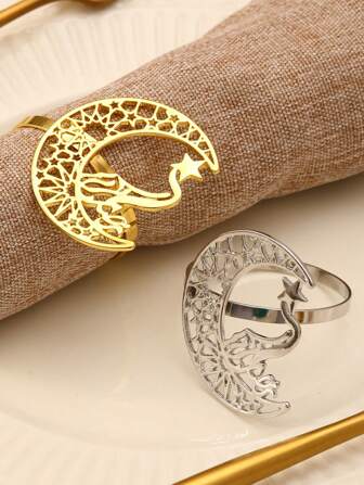 2入組節慶裝飾中空月亮和星星餐桌餐巾環,創意餐桌餐巾架