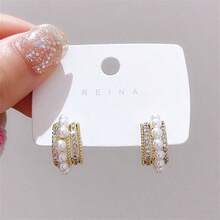 1pair New Pearl C-Shaped Stud Earrings For Women Multi-Layers Gold Color Metal Small Earrings Full Rhinestone Chic Lovely Ear Decor - Gold - View 2