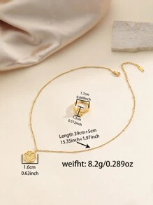 2pcs/Set Vintage Personalized Stainless Steel 18k Gold Plated Flower Decorated Open Ring And Necklace Set, Suitable For Women To Wear At Parties And Daily Life - Yellow Gold - View 8