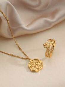 2pcs/Set Vintage Personalized Stainless Steel 18k Gold Plated Flower Decorated Open Ring And Necklace Set, Suitable For Women To Wear At Parties And Daily Life - Yellow Gold - View 5