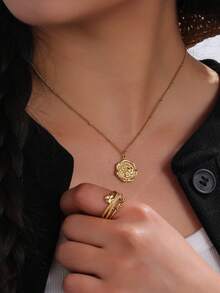 2pcs/Set Vintage Personalized Stainless Steel 18k Gold Plated Flower Decorated Open Ring And Necklace Set, Suitable For Women To Wear At Parties And Daily Life - Yellow Gold - View 1