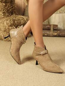 Women's High Heels Pointed Toe Mini Buckle V-Cut Ankle Boots And Short Boots - Khaki - View 1