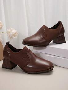 女式時尚方頭針織拼接彈性防滑靴子,短鞋跟舒適踝靴 - 棕色 - 查看 6