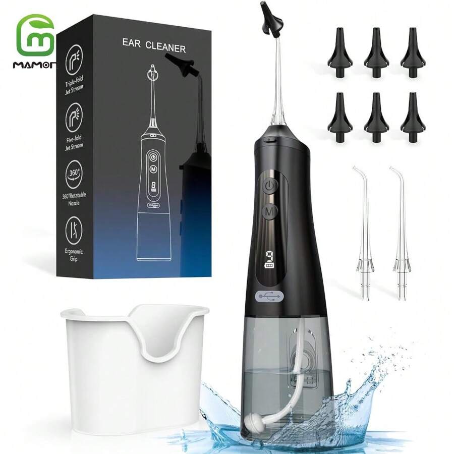 Ear Wax Removal Tool, Water Powered Ear Cleaner With 9 Pressure Settings, 6 Reusable 3 & 5 Hole Tips, IPX7 Waterproof Ear Cleaning Kit Safe And Effective To Clean Build-Up Earwax - Black - View 1