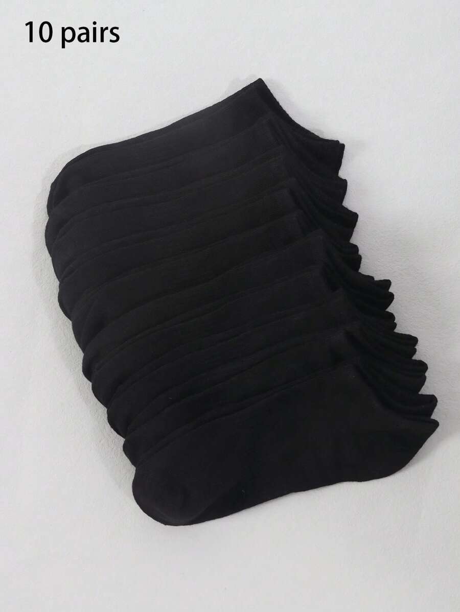10 Pairs Women's Basic Low Cut Solid Ankle Socks With Elastic Band, Breathable, Suitable For All Seasons, Black & White - Black - View 1
