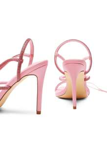 Women Stiletto Heeled Strappy Sandals, Rhinestone Decor Tie Leg Design Sandals, Glamorous Party Heeled Sandals For Summer Spring Wearing - 粉色 - 查看 6
