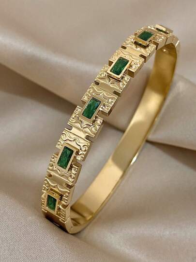 1 Pc Retro Gold Color Bracelets For Women Teen Girls Green  Elegant Cuff Bracelets Daily Party Jewelry Gifts Sister Mother Daughter