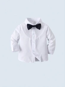 BOARNSEORL 2pcs Young Boys Gentleman Outfit - Long Sleeve Shirt With Bow Tie And Suspender Pants, Fashionabantic For Wedding, Birthday Party, Banquet, Baby Shower, 1st Birthday - Navy Blue - View 5