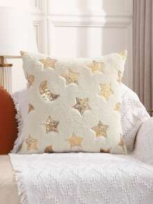 Miater 1pc Moon & Star Shape Sequin Embroidery Plush Pillow Cover - Beige - View 6