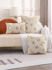 Miater 1pc Moon & Star Shape Sequin Embroidery Plush Pillow Cover - Beige - View 1