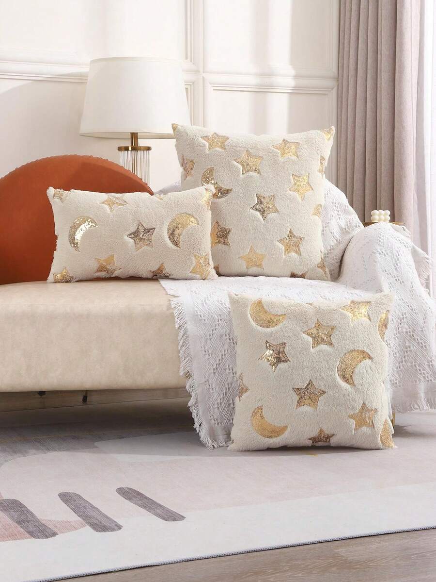 Miater 1pc Moon & Star Shape Sequin Embroidery Plush Pillow Cover - Beige - View 1