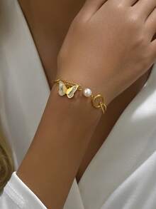 1 件时尚不对称白色珠子和蝴蝶设计不锈钢手链，适合女士，嘻哈风格，高端，多功能 - 金黃色 - 查看 2