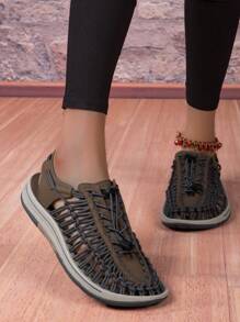 Handmade Gray Woven Women's Summer Comfortable Sandals, Fashionable And Casual Walking Shoes, Peep Toe Flat Slippers, Large Size Women's Beach Shoes