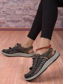 Handmade Gray Woven Women's Summer Comfortable Sandals, Fashionable And Casual Walking Shoes, Peep Toe Flat Slippers, Large Size Women's Beach Shoes
