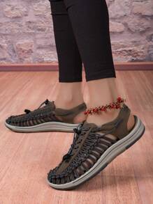 Handmade Gray Woven Women's Summer Comfortable Sandals, Fashionable And Casual Walking Shoes, Peep Toe Flat Slippers, Large Size Women's Beach Shoes