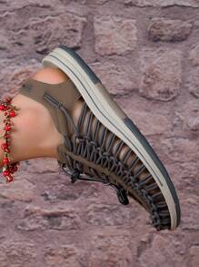 Handmade Gray Woven Women's Summer Comfortable Sandals, Fashionable And Casual Walking Shoes, Peep Toe Flat Slippers, Large Size Women's Beach Shoes