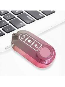 Pink Hollow Out Heart Shaped Pendant + Creative Pink Rhinestone Car Keychain + Pink Car Gradient Anti-Drop Key Cover, Compatible With Fiat 500/Panda/Stilo/Brava/Bode Etc. - Pink - View 4