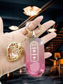 Pink Hollow Out Heart Shaped Pendant + Creative Pink Rhinestone Car Keychain + Pink Car Gradient Anti-Drop Key Cover, Compatible With Fiat 500/Panda/Stilo/Brava/Bode Etc. - Pink - View 1