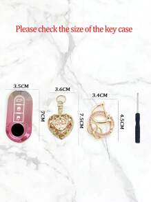 Pink Hollow Out Heart Shaped Pendant + Creative Pink Rhinestone Car Keychain + Pink Car Gradient Anti-Drop Key Cover, Compatible With Fiat 500/Panda/Stilo/Brava/Bode Etc. - Pink - View 7