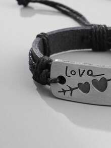 1 件男士時尚簡約 Pu 皮革箭頭心型編織可調式手鍊 - 黑色 - 查看 3