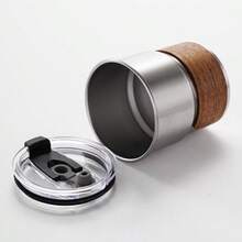 1pc Stainless Steel + Ps Plastic Lid Coffee Cup/Beer Mug With 300ml Capacity And Walnut Wood Heat Insulation Sleeve - Silver - View 10