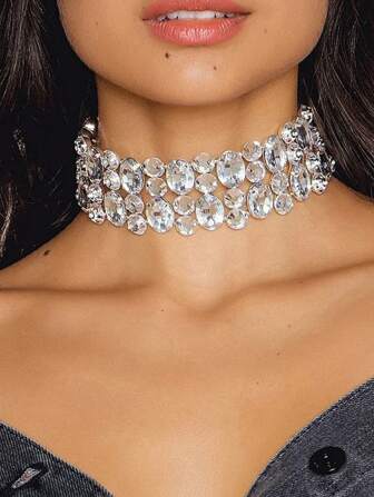 银色条纹大水钻几何多排项链颈链不对称水晶项圈项链派对珠宝女士