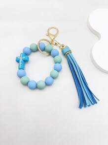 1pc Cross Shape Silicone Beaded Bracelet With Tassel Keychain, For Car Key, Bag, Father, Mother, Friends' Gifts - Pink - View 10