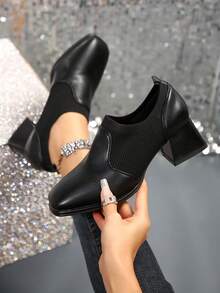 女性方頭針織線彩彈性防滑短筒踝靴,舒適短粗跟 - 黑色 - 查看 3