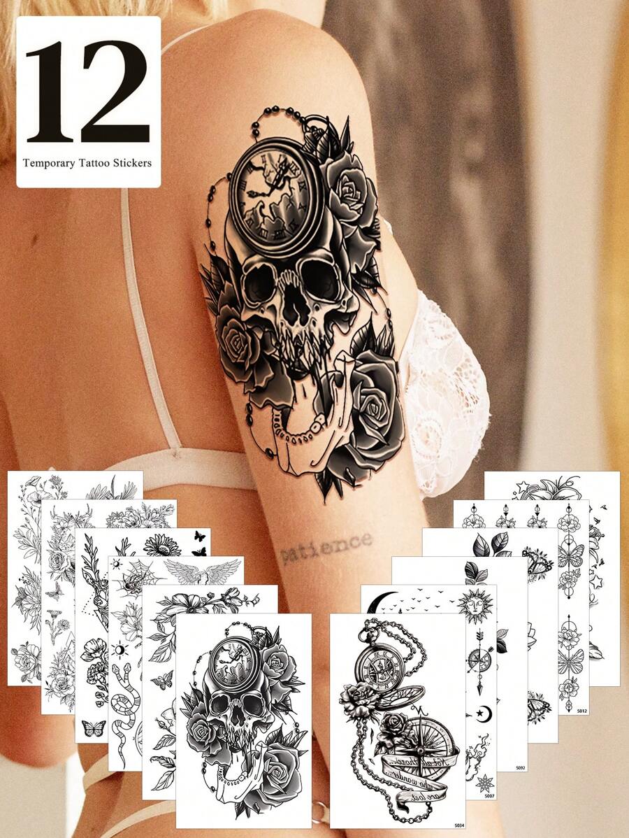 12 Half Arm Temporary Tattoos Sleeve Tattoos Waterproof Realistic Long