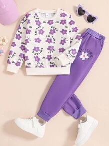 年輕女孩創意花紋印花圓領運動服和運動長褲 - 白色 - 查看 1