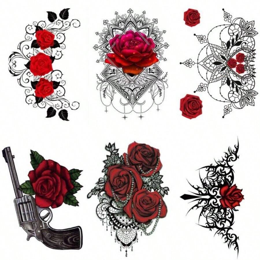 6張紅玫瑰刺青貼紙 - 防水、持久、真實 - 使你的手臂和大腿更具吸引力！ - 彩色 - 查看 1