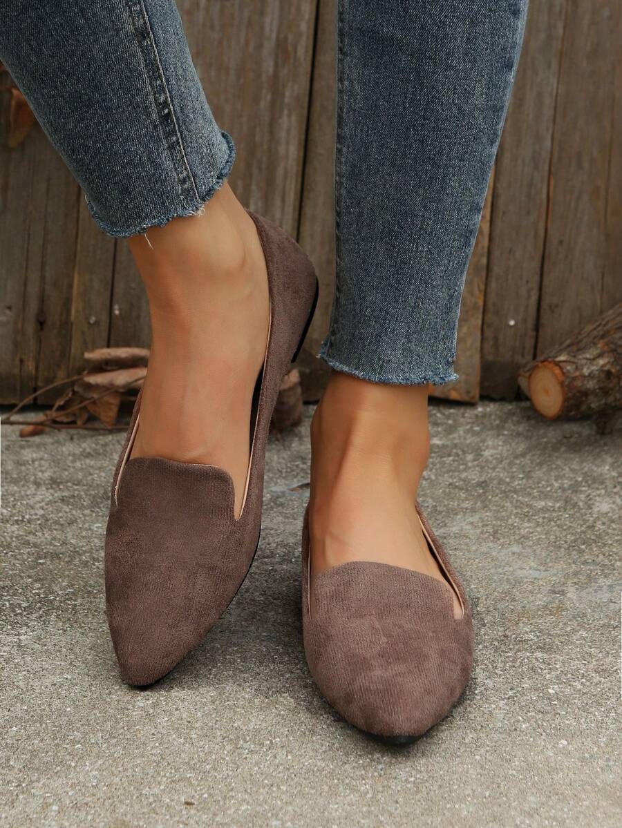 女性時尚春秋款簡約舒適擦鞋麂皮巧克力棕平底鞋 - 巧克力棕 - 查看 1
