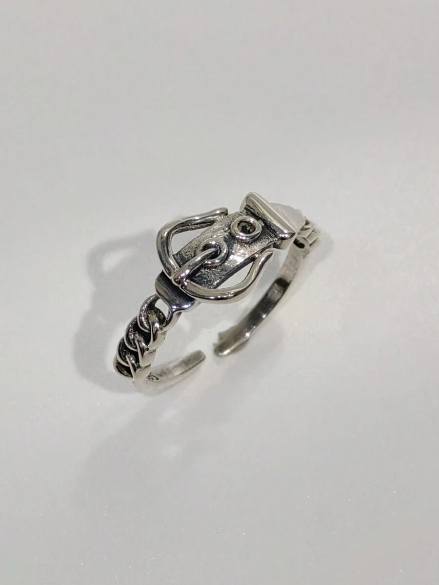 1pc Exquisite Unisex 925 Sterling Silver Belt Ring With Geometric Cut-Out Design, Adjustable, Suitable For Daily Wear And Parties, Classic Gift Choice For Festivals - Silver - View 1
