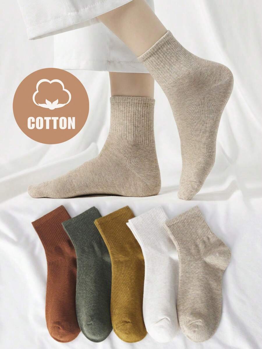 5 đôi tất nữ bằng cotton trơn màu, thời trang, đa năng, thoải mái, dài đến giữa bắp chân, thích hợp cho mùa xuân/thu. - Nhiều màu - Xem 1