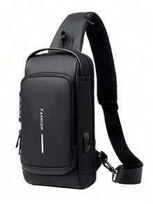 1個 密碼鎖斜挎包含usb端口,運動和休閒胸包 - 黑色 - 查看 5