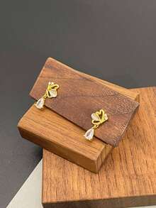 1對美麗的貓眼＆鑽石裝飾s925純銀耳針,適用於女士情人節,婚禮,派對 - 黃金色 - 查看 3