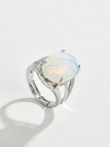 1只天然水晶/礦石石頭卵形切面開口戒指,適用於女性