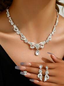 Conjunto de 3 joias femininas, strass de liga, gotas d'água, brincos com pingente, conjunto de colar, joias para casamento de noiva