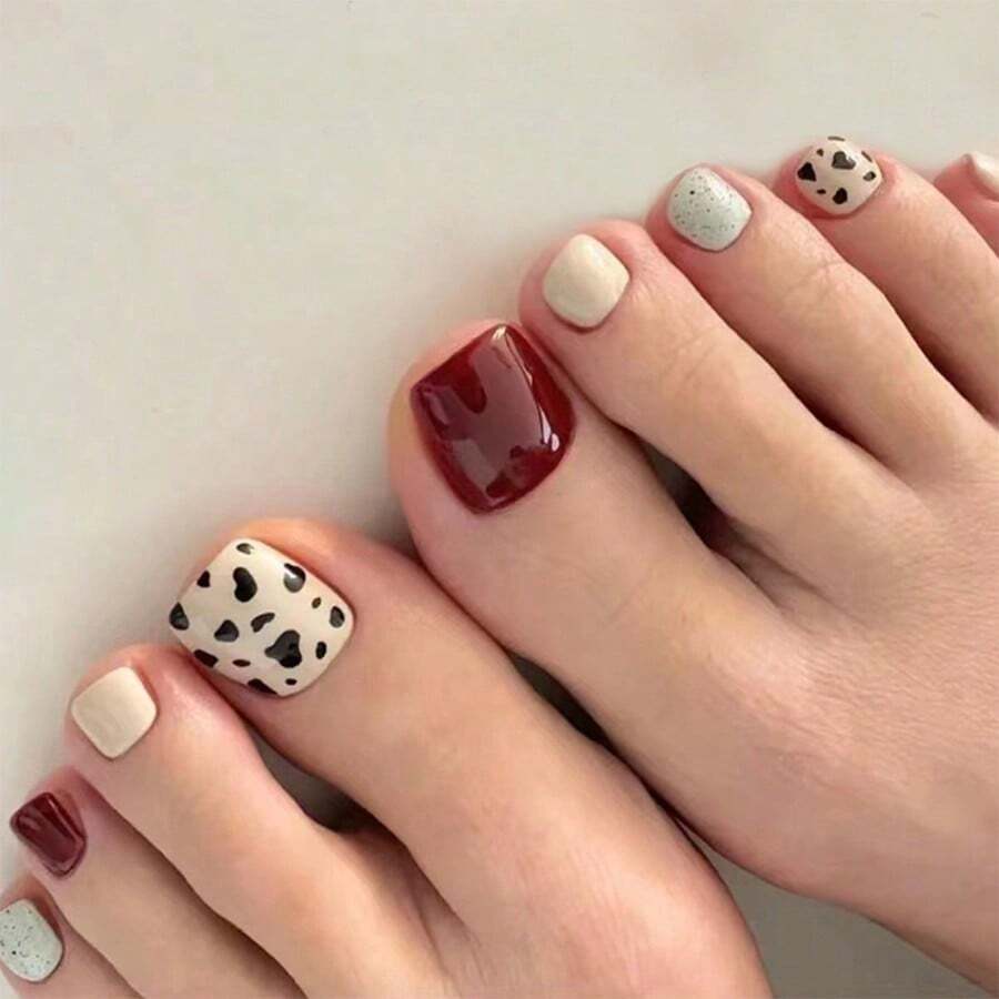 24pcs Short Square Toenails, Gorgeous Nails Wearing Set For Women With Personalized, Including 1pc Jelly Gel - Multicolor - View 1