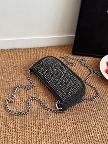 1pc Lightweight Denim Effect Shoulder Bag With Shiny Rhinestone Decor, Suitable For Banquets - Black - View 5
