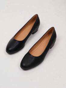 供空服員/上班族穿著的黑色皮鞋,具有粗高跟長時間站立和柔軟鞋底舒適行走,適用於面試和高跟鞋 - 黑色 - 查看 6