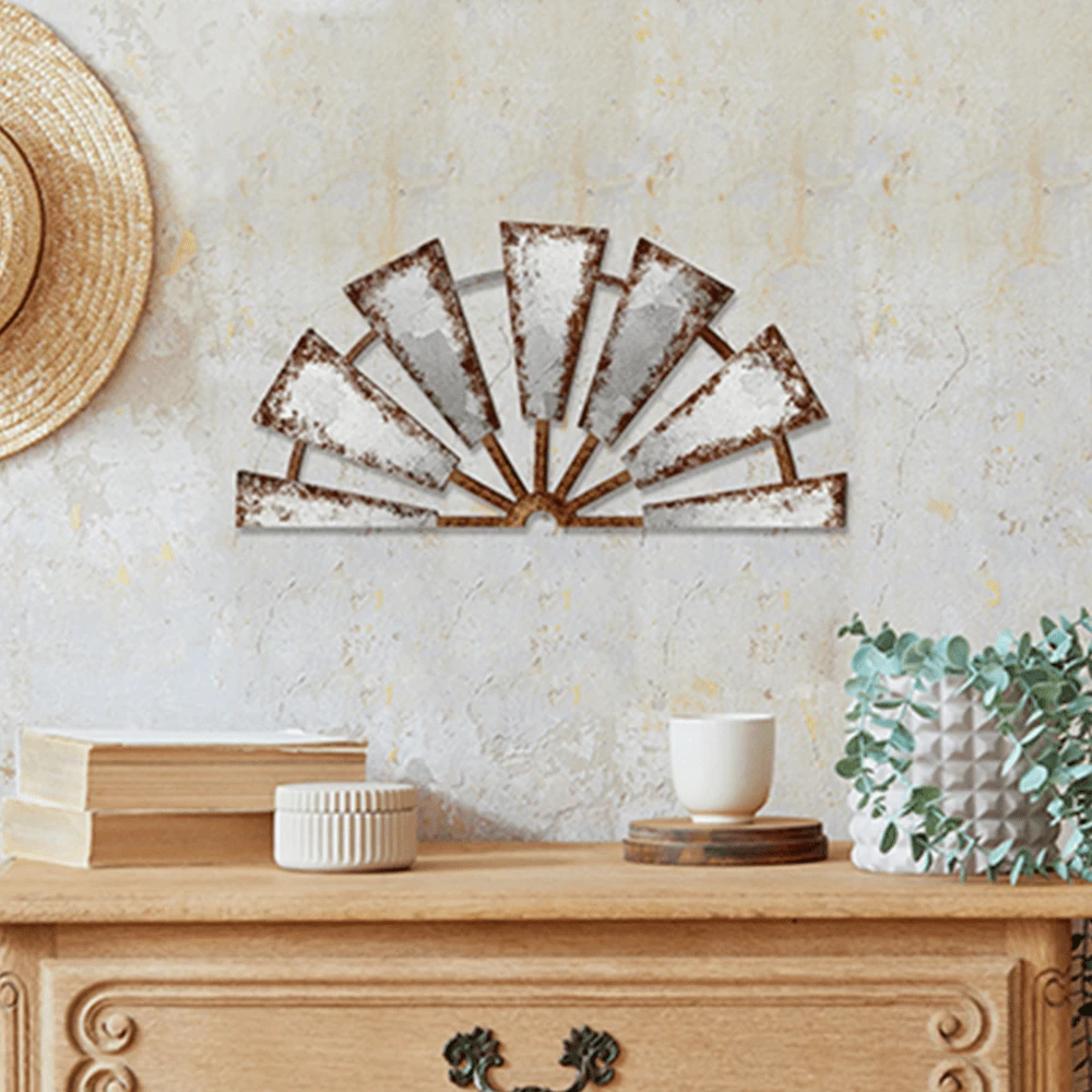1pc Metallic Farmhouse Wall Decor, Metal Windmill Wall Art Decoration, Rustic Metal Art Sculpture For Home, Bedroom, Nursery, Dorm Decoration - Semicircle - View 1