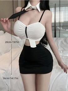 1套性感秘書cosplay制服包括領帶、頸圈、連衣裙和t恤 - 白加黑 - 查看 3