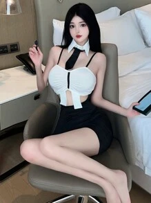 1套性感秘書cosplay制服包括領帶、頸圈、連衣裙和t恤 - 白加黑 - 查看 2