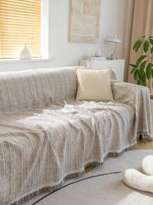 1pc Linen Simple Sofa Throw Cover, Dust-Proof, Anti Scratch, Minimalist Japanese Wabi-Sabi Inspired Style - Black and White - View 6