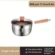 1pc Thickened 304 Stainless Steel Milk Pot With Steaming Rack & Steaming Plate For Baby Food Cooking, Mini Multifunctional Household Pot - Grey - View 1