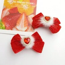2 件发夹，毛绒心形蝴蝶结鳄鱼发夹，甜美女孩侧夹发饰 - 紅色 - 查看 1