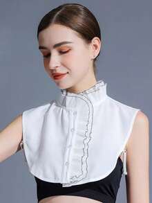 1件女士立領雙色針織毛衣,帶有蕾絲修飾,適合休閒/正式場合穿著 - 白色 - 查看 3