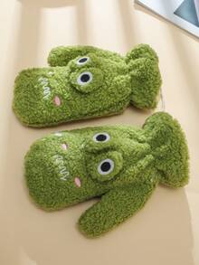 1pair Ladies' Plush Gloves With Mitten Flap, Neck String, Thickened, Windproof, Warm, Cartoon Decorated For Cycling And Outdoor Activities In Winter - Finger Gloves - View 1